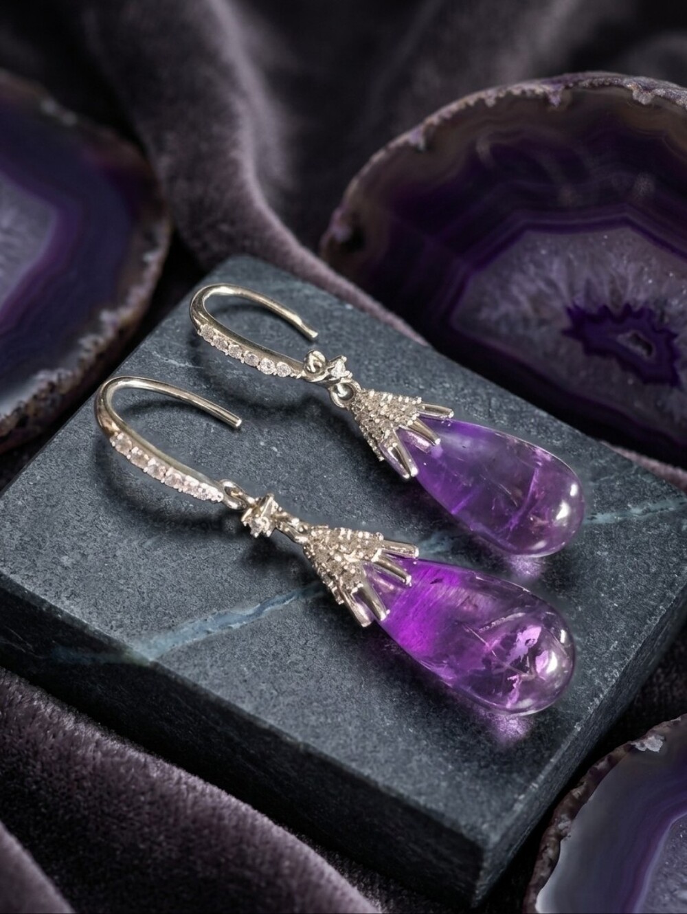 Amethyst & White Zircon In Rhodium Over 925 Drop Earrings 25.00 CTW Vintage Vibe